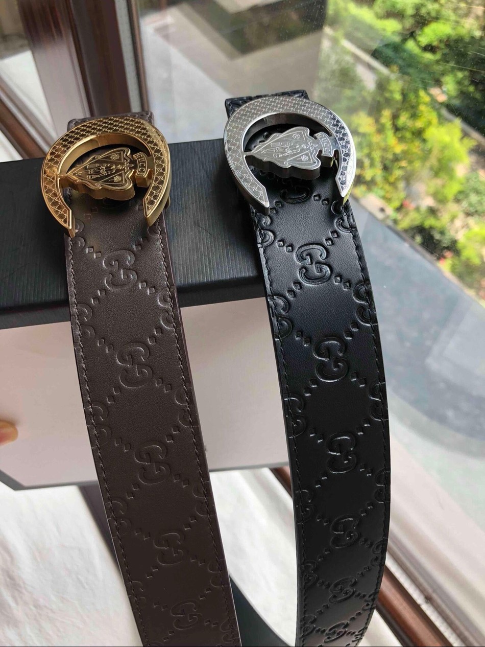 Gucci stainless steel shield metal buckle with embossed cowhide belt 3.5cm