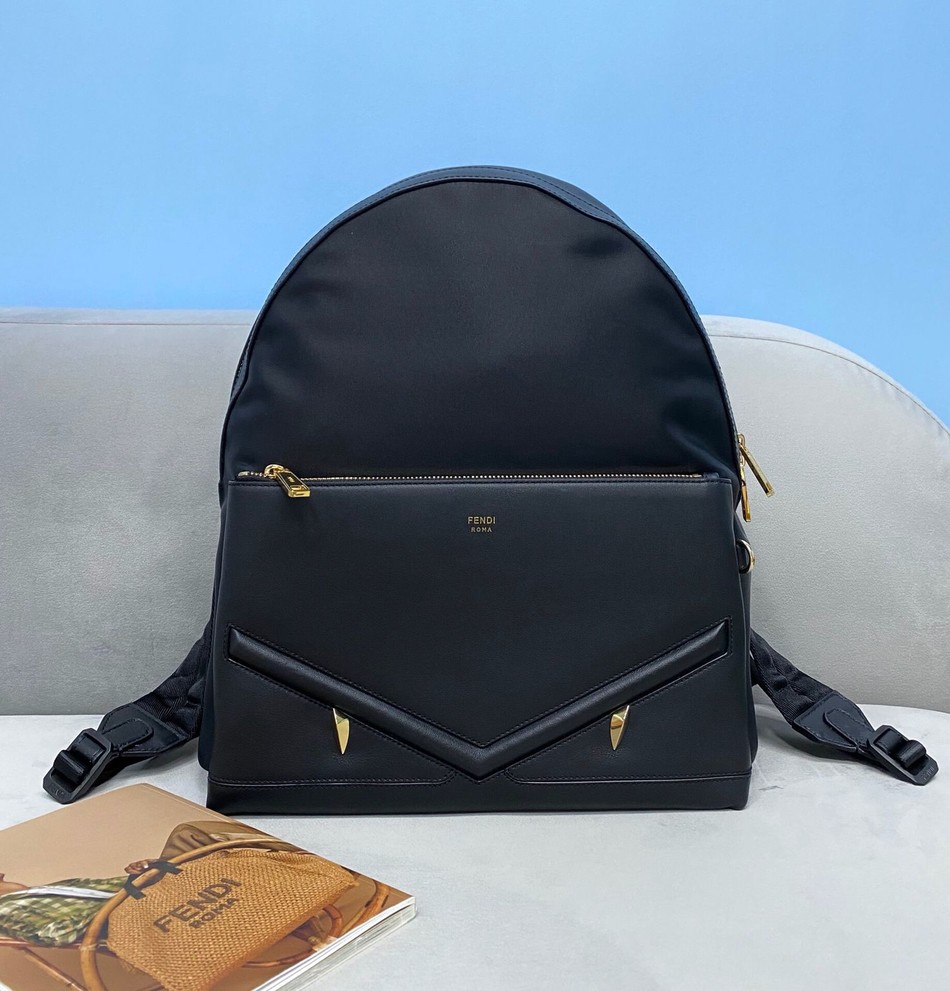 Fendi Little Monster Eye Pattern Nylon Panel Leather Backpack