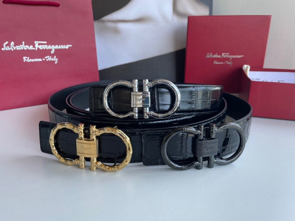 Ferragamo 3.8cm double loop bamboo texture hanging buckle with cowhide crocodile texture belt