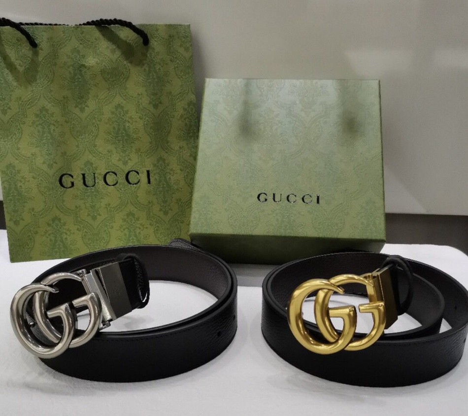 Gucci G-shaped rotating metal buckle leather Grained belt 37mm