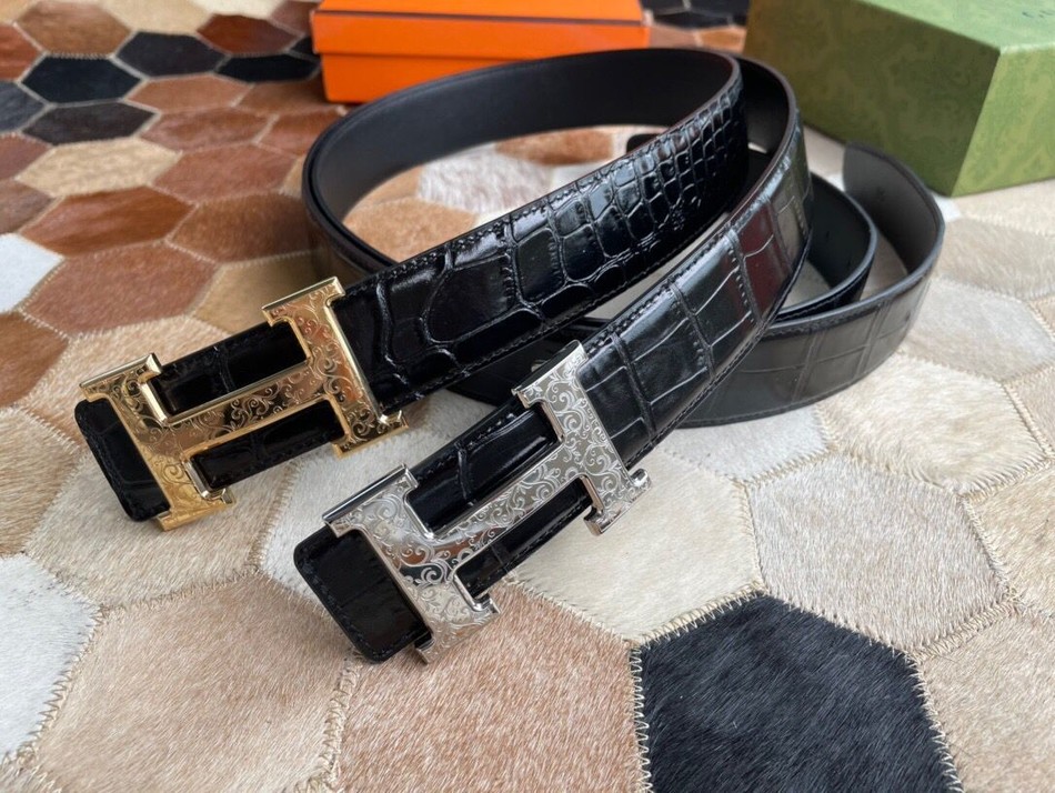 Hermes stainless steel H pattern metal buckle cowhide embossed crocodile pattern 38mm belt