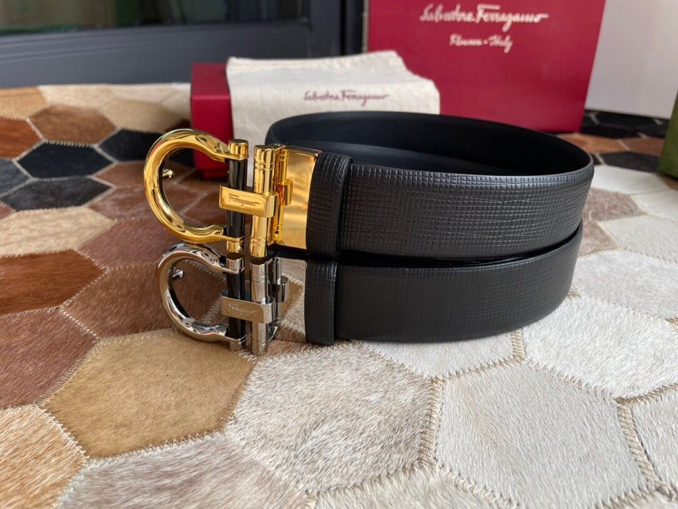 Salvatore Ferragamo men s belt 3.5cm cowhide embossed texture semicircular metal buckle belt