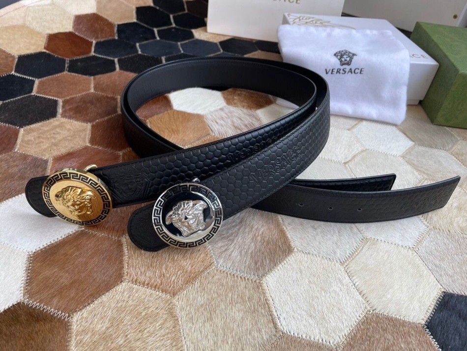 Versace stainless steel Medusa metal buckle men s black leather belt 3.8cm