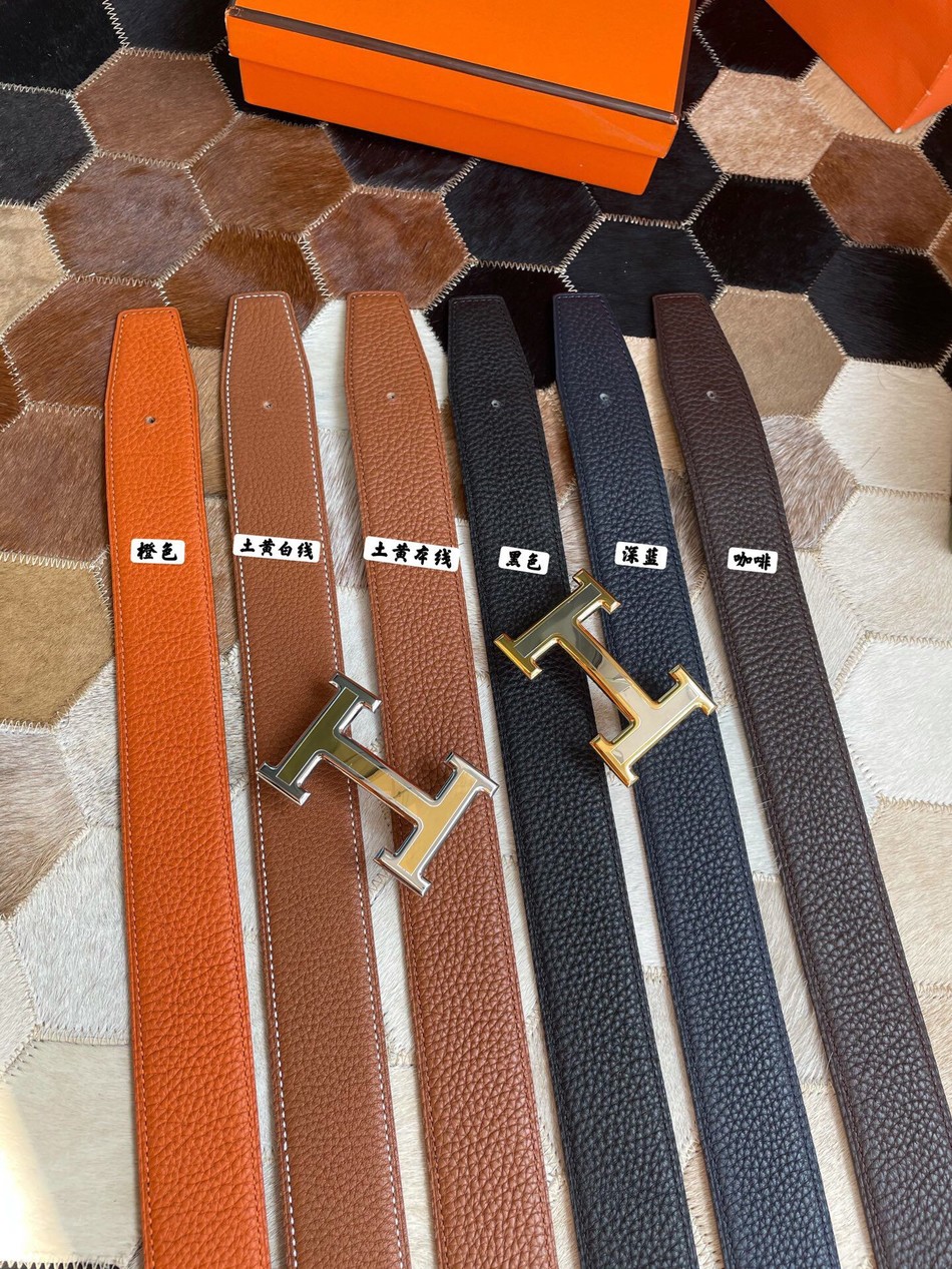 Hermes stainless steel H-color metal buckle men s Reversible leather belt 38mm