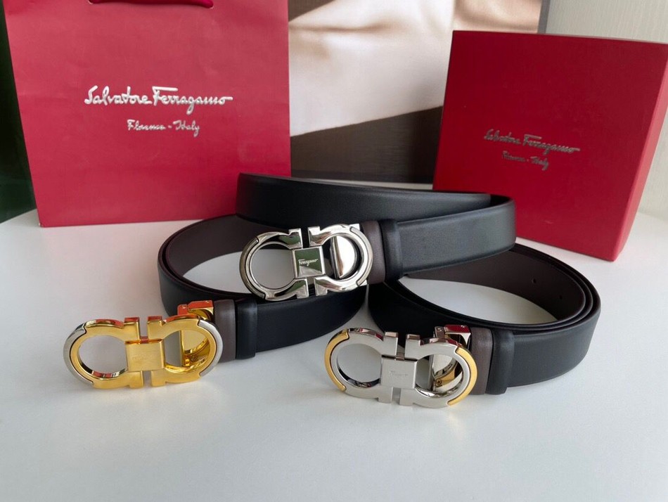 Ferragamo 3.5cm Gancio metal clip buckle with inter-color edges and cowhide belt
