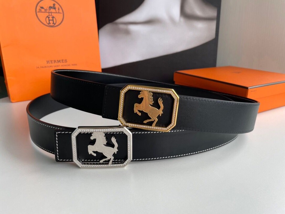 Hermes steel horse drawn carriage square inlaid metal buckle leather Reversible belt men 3.8cm