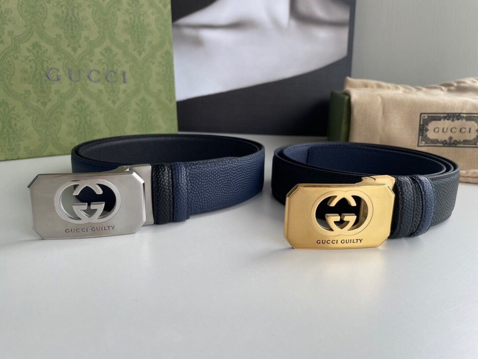 Gucci stainless steel hollow metal clip buckle with leather pearl texture belt 35mm