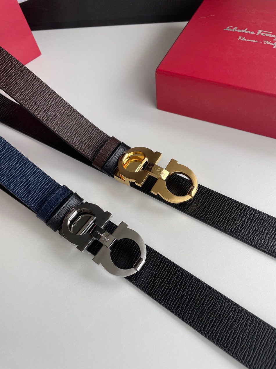 Salvatore Ferragamo men s 3.5cm stainless steel double loop clip buckle cowhide cowhide Reversible belt