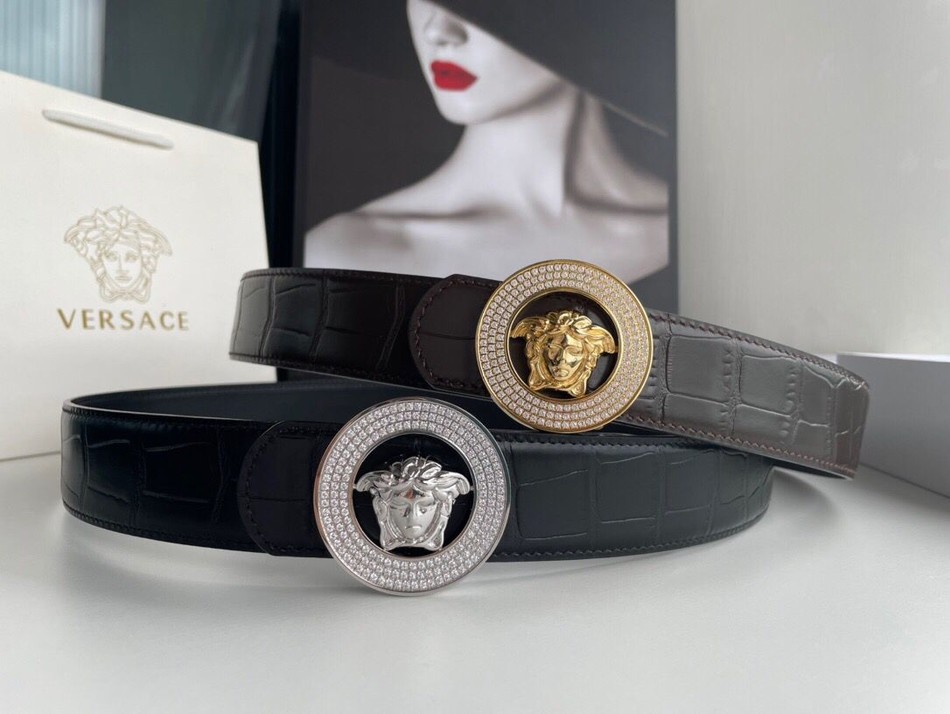 Versace men s black leather crocodile texture belt 3.8cm