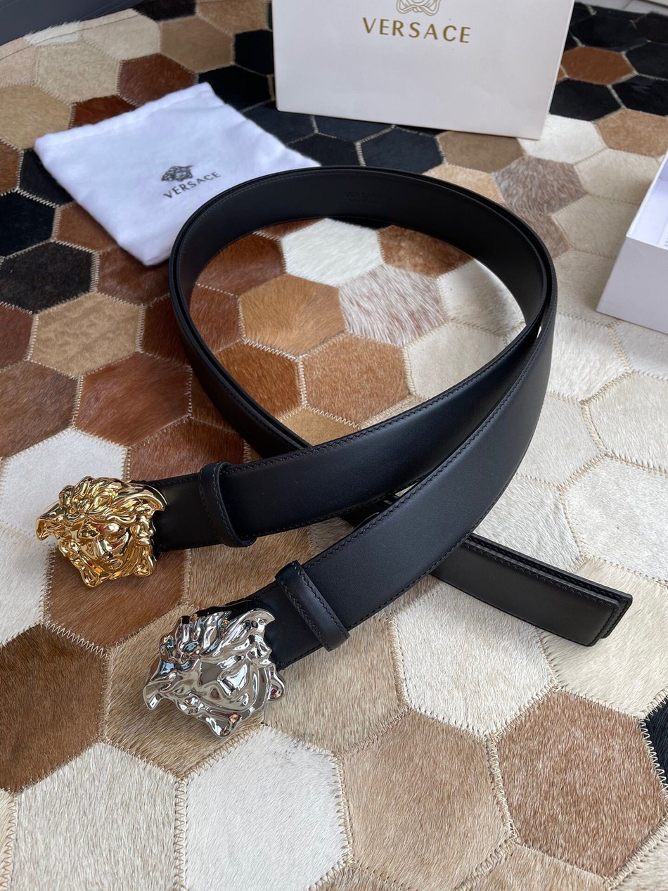 Versace men s black flat cowhide gold Medusa head metal buckle belt 3.8cm