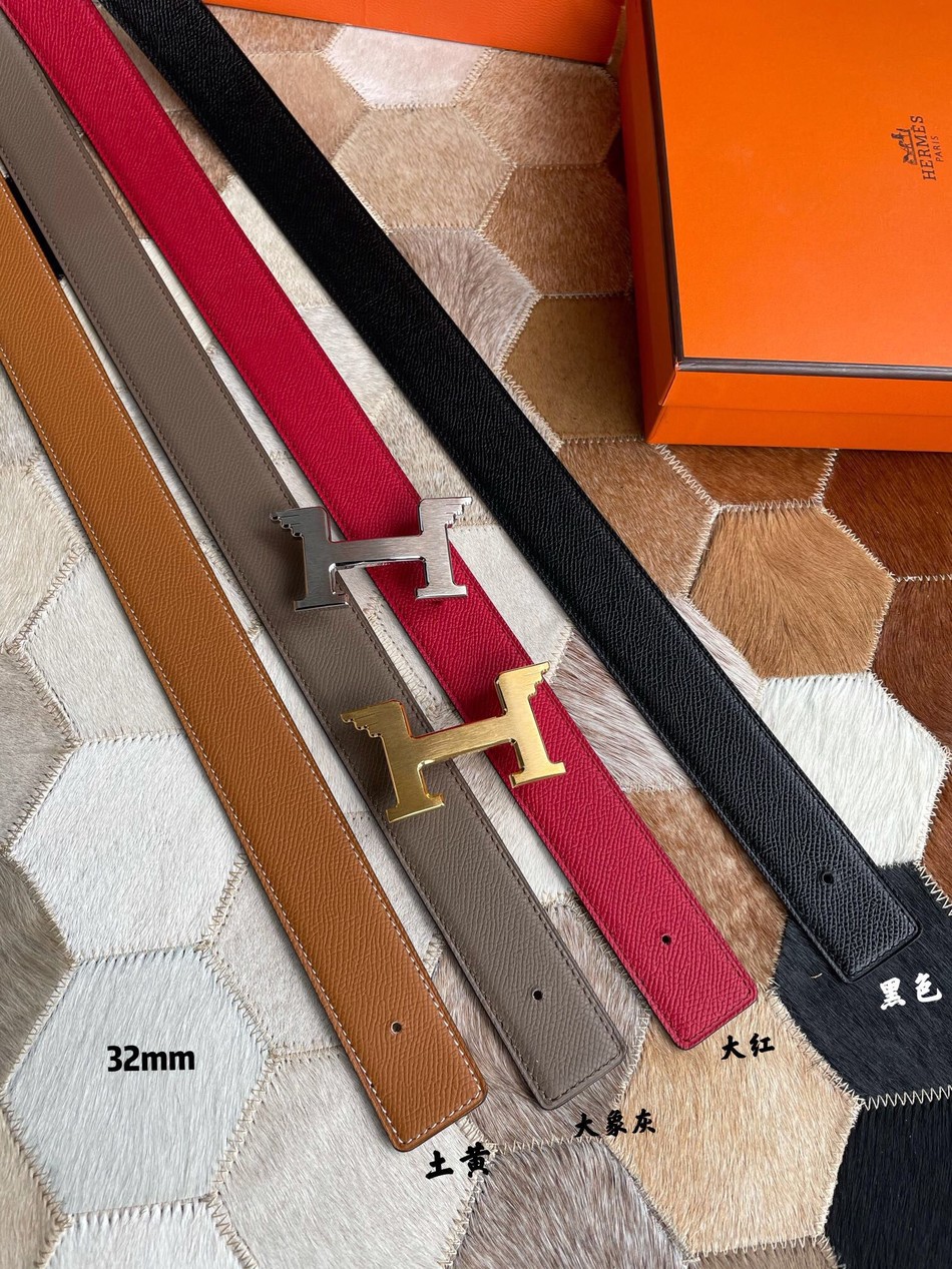 Hermes gold-plated/chrome-plated angel metal buckle Reversible leather belt 32mm