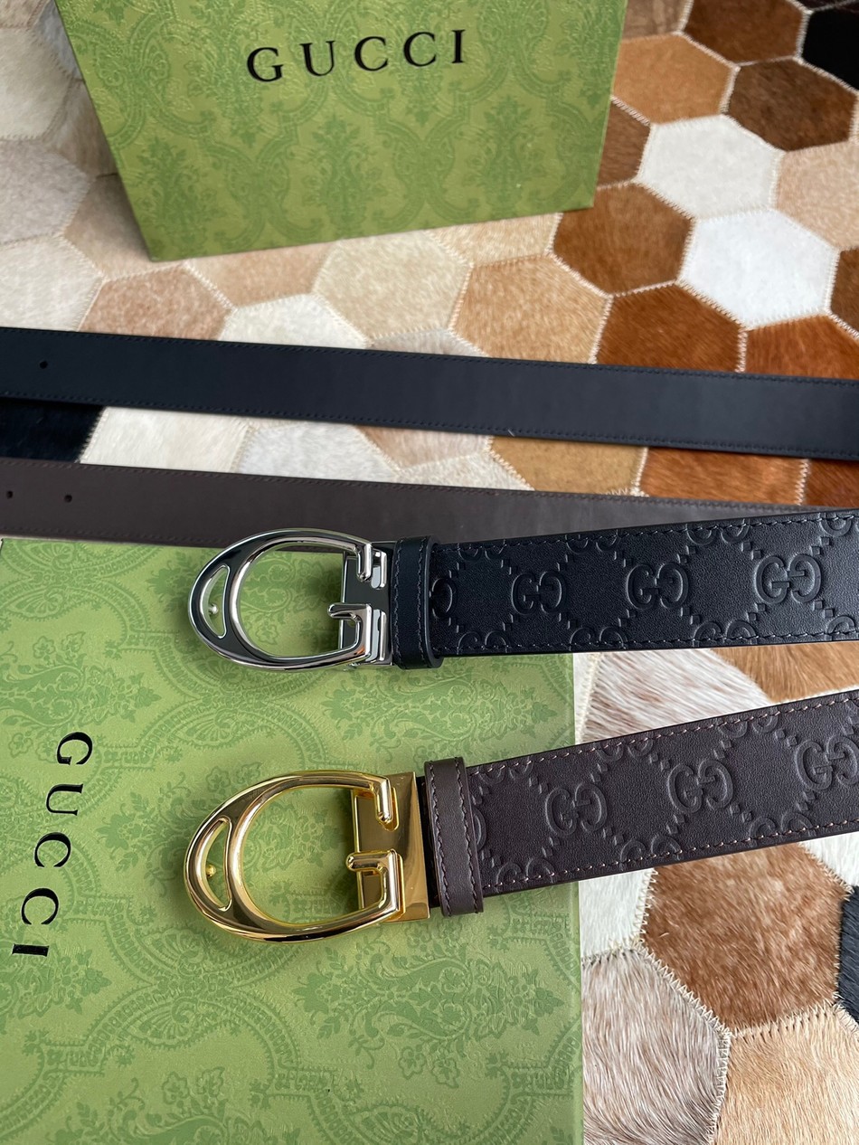 Gucci G-shaped metal clip buckle cowhide embossed texture 35mm belt