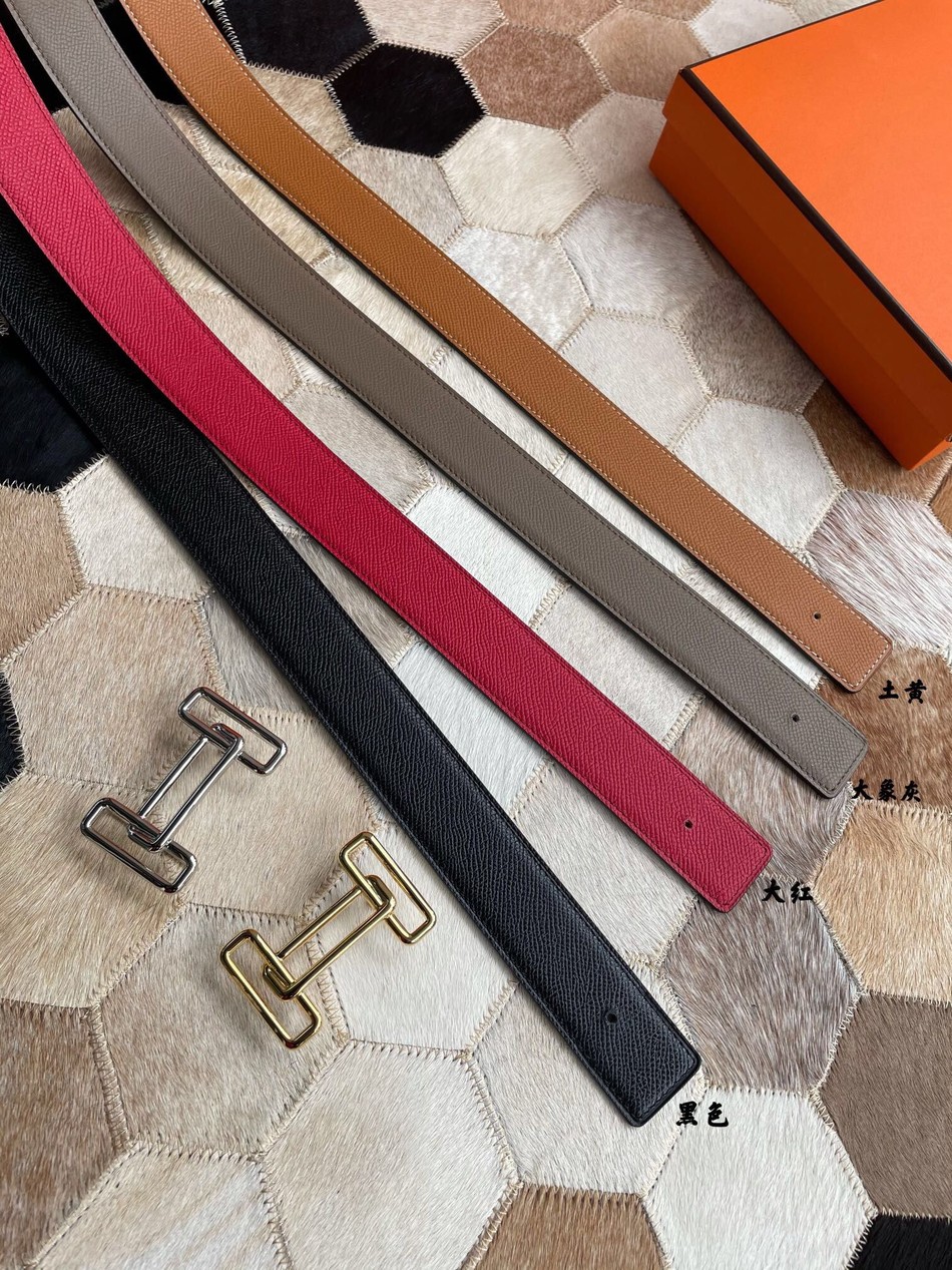 Hermes gold-plated/chrome-plated metal buckle Reversible leather belt 32mm