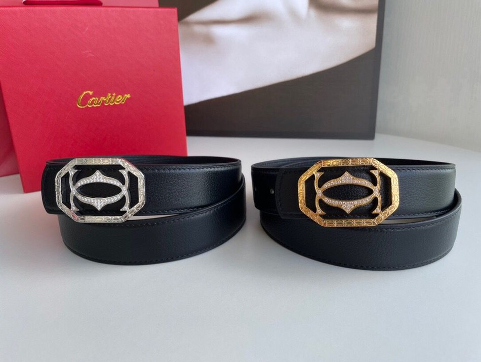 Cartier stainless steel CC inlaid diamond metal buckle cowhide sheep texture belt 3.5cm
