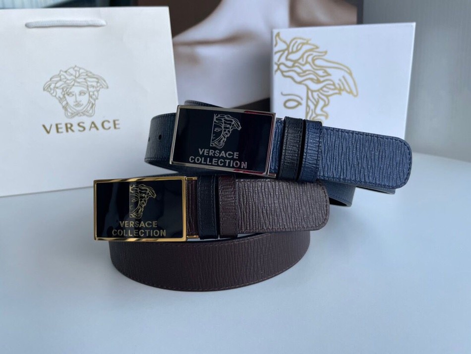 Versace stainless steel Medusa resin metal buckle leather Reversible pebbled belt 3.5cm