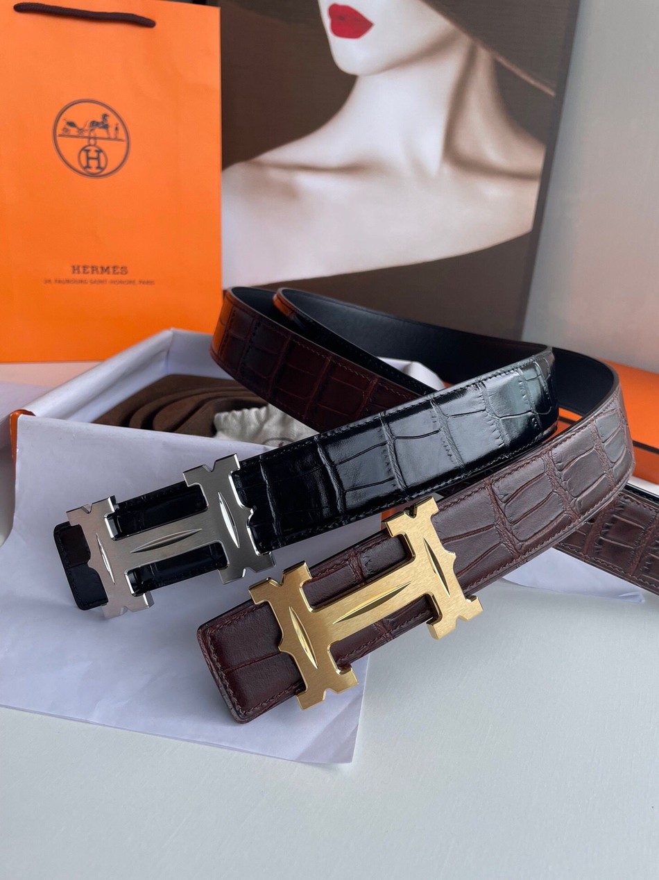 Hermes Fareest belt buckle cowhide embossed crocodile pattern cowhide belt 38cm
