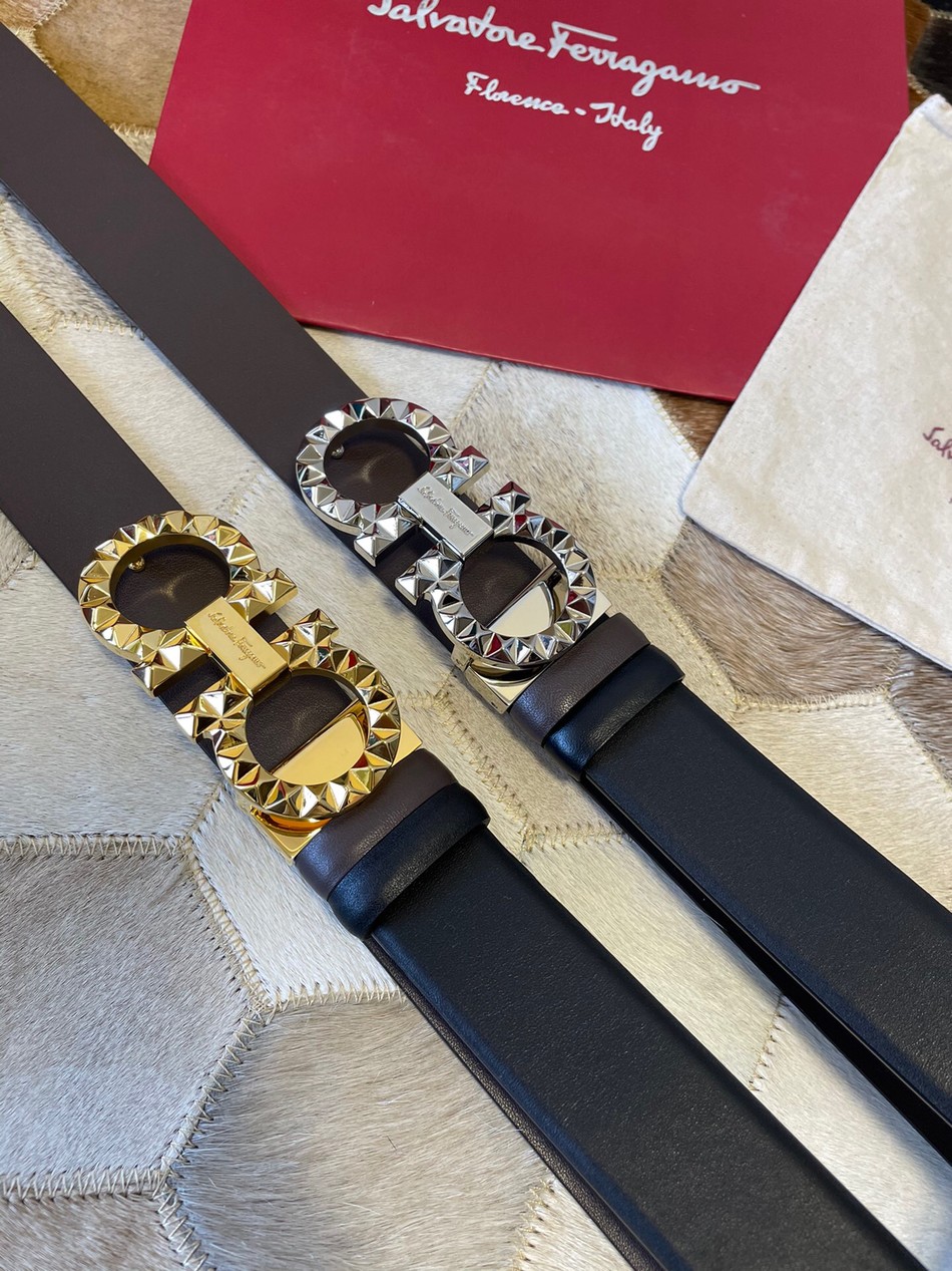 Salvatore Ferragamo Men s 3.5cm Rivet Metal Buckle Cowhide Reversible Belt