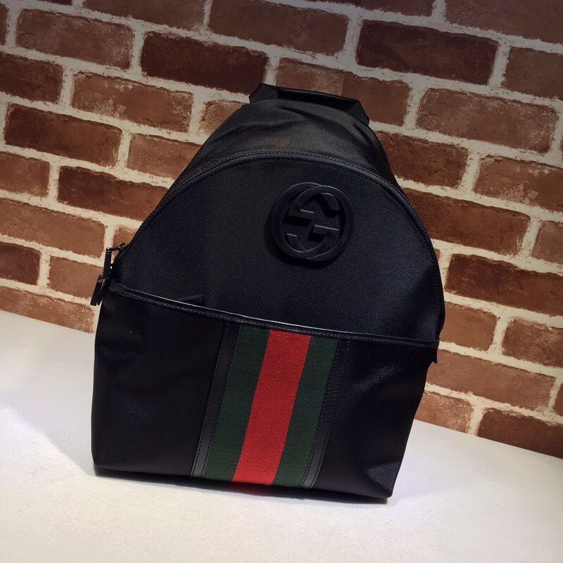 Gucci GG black canvas red and green stripes backpack