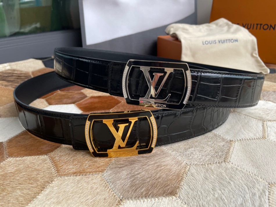 Louis Vuitton stainless steel letters square resin inlaid diamond buckle 40mm cowhide embossed crocodile pattern belt