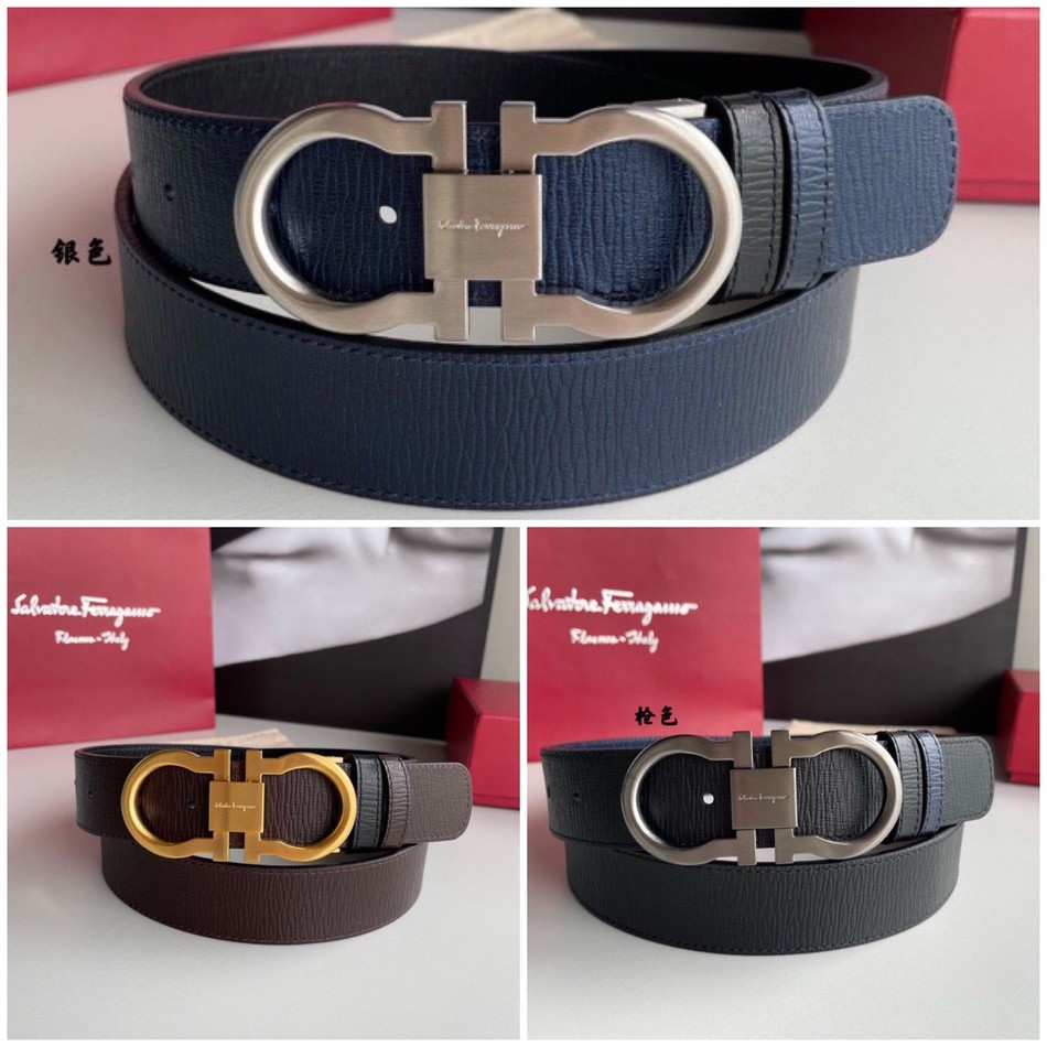 Ferragamo Boutique Double Loop Buckle Reversible Water Wave Men s Belt 3.5cm