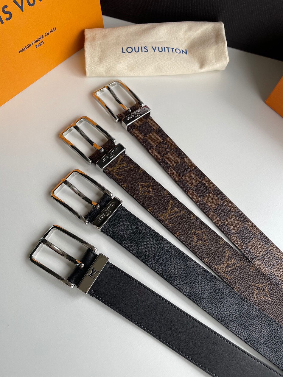 Louis Vuitton calfskin lining 35mm wide Damien canvas belt with palladium buckle