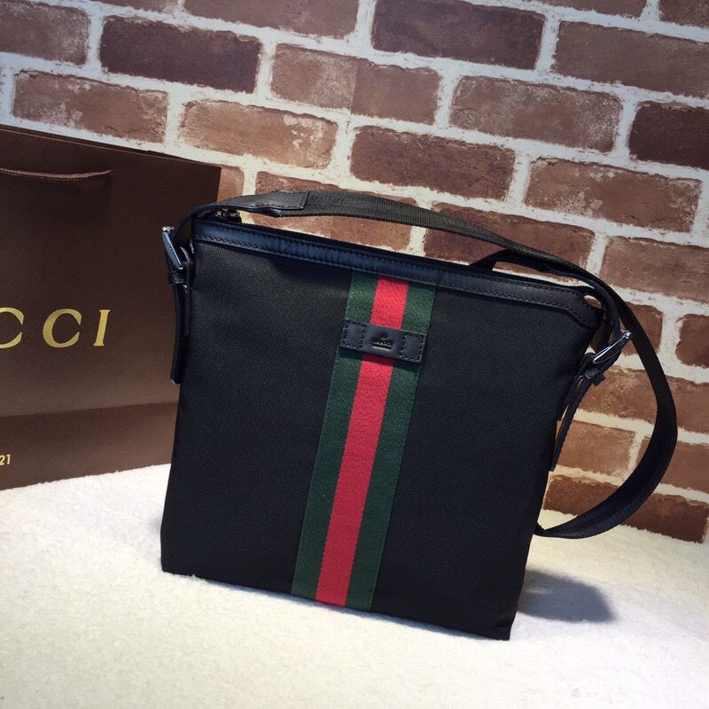 Gucci black canvas red and green stripes shoulder bag