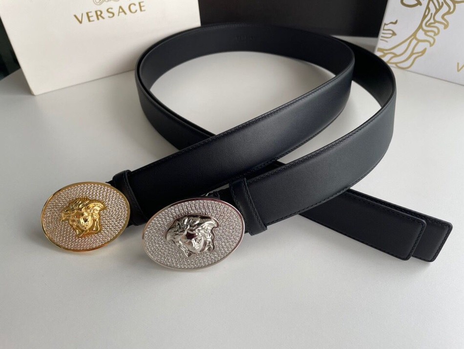 Versace black leather stainless steel oval Medusa head Seiko inlaid diamond metal buckle 3.8cm belt