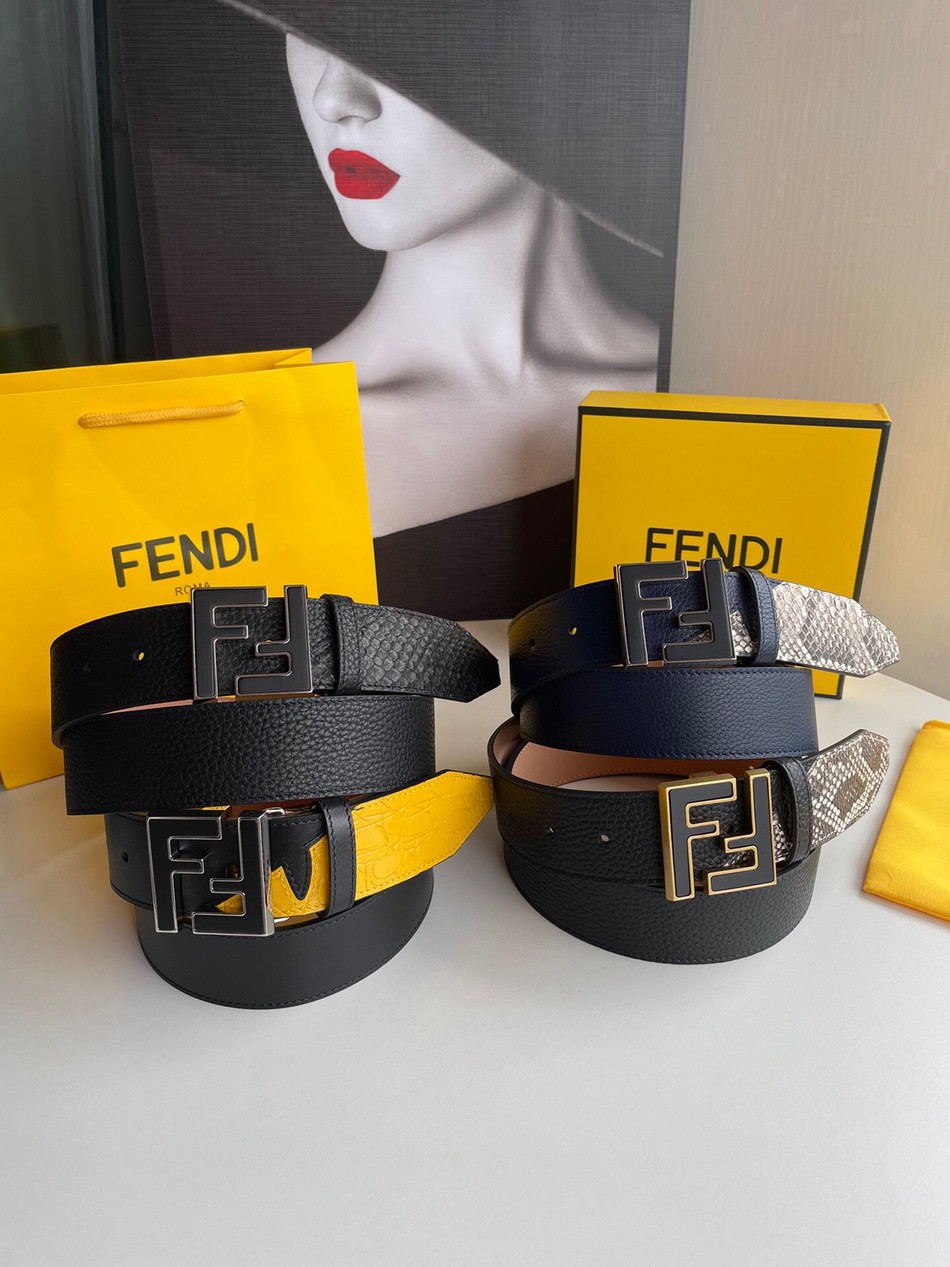 Fendi FF logo exquisite craftsmanship metal buckle leather stitching snakeskin belt