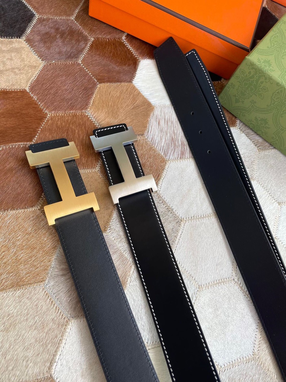 Hermes stainless steel four-corner metal buckle with cowhide Reversible men s 3.8cm belt