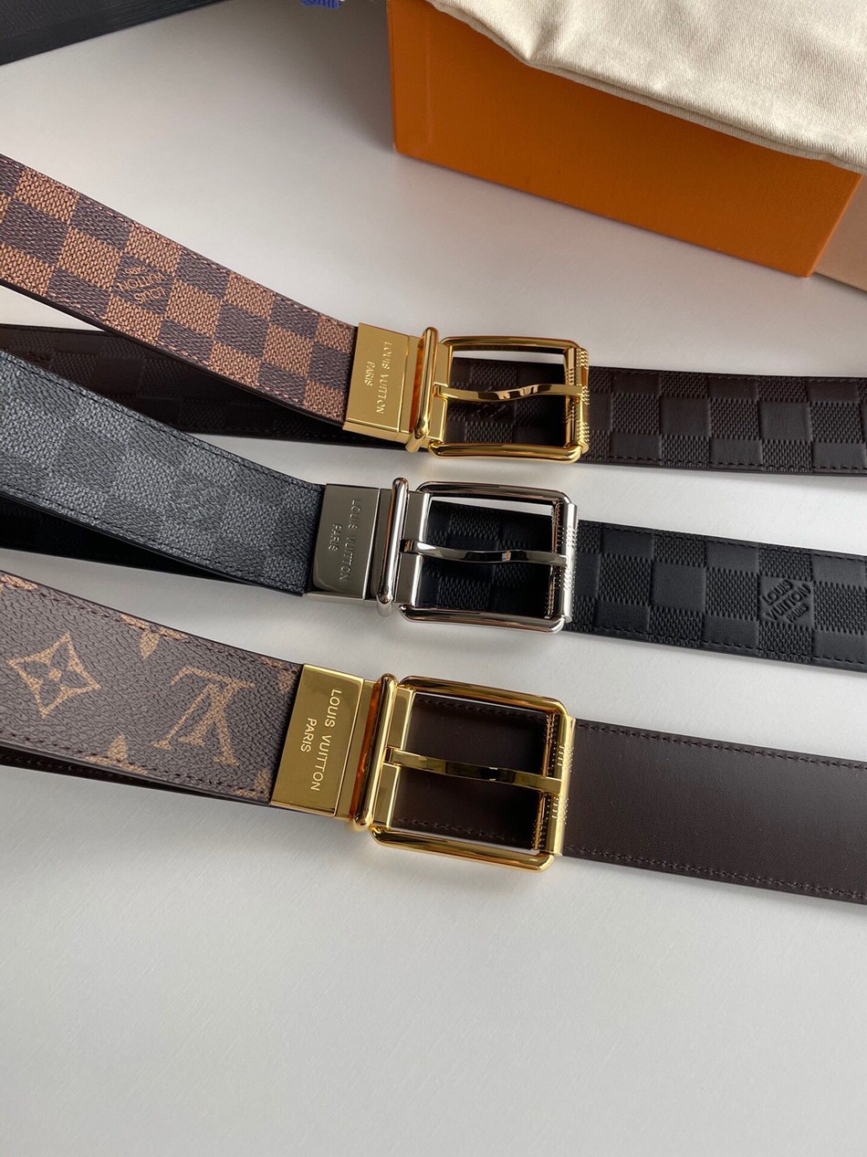 Louis Vuitton calfskin lining Damier carved buckle belt
