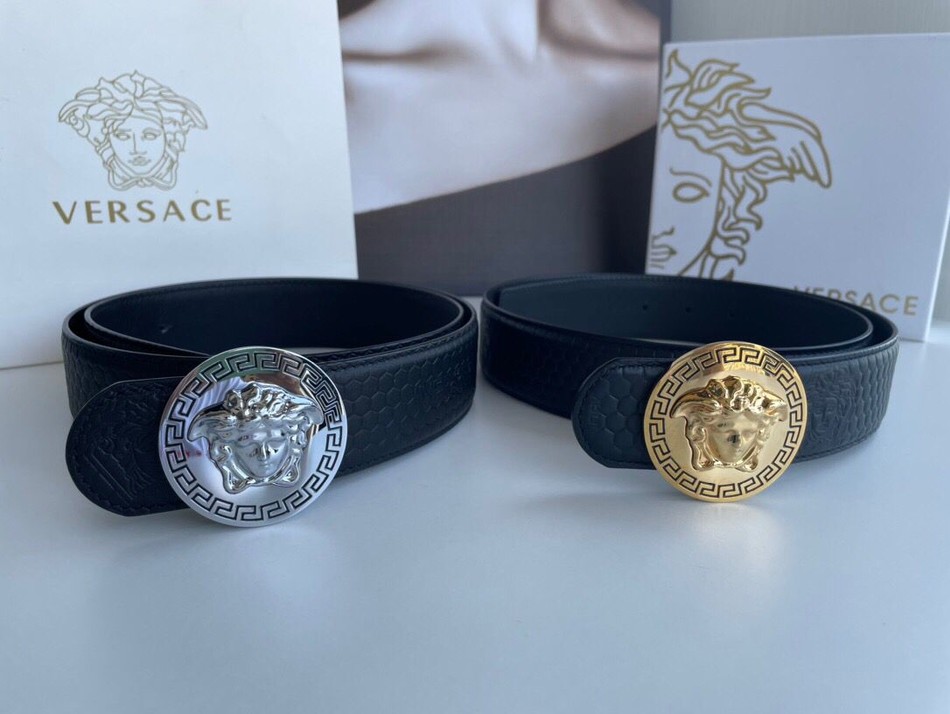 Versace Medusa head embossed leather belt with metal buckle