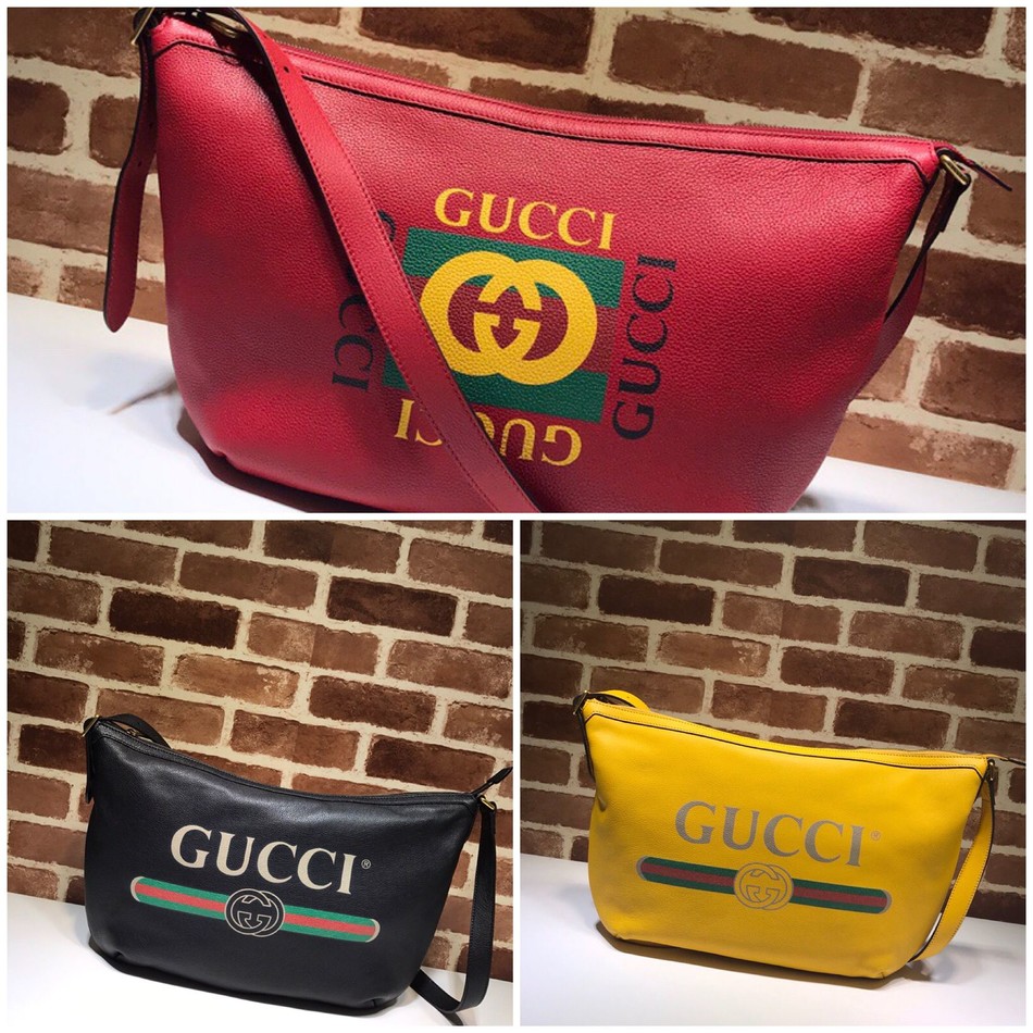 Gucci printed red half moon round bottom cowhide bag