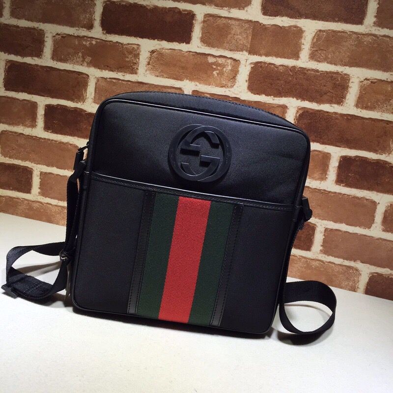 Gucci red and green stripes black canvas GG shoulder bag