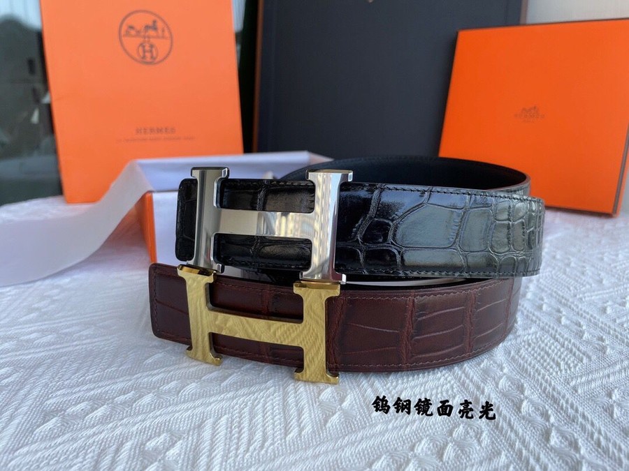 Hermes Exquisite Wusteel glossy buckle cowhide embossed crocodile pattern cowhide belt 38cm