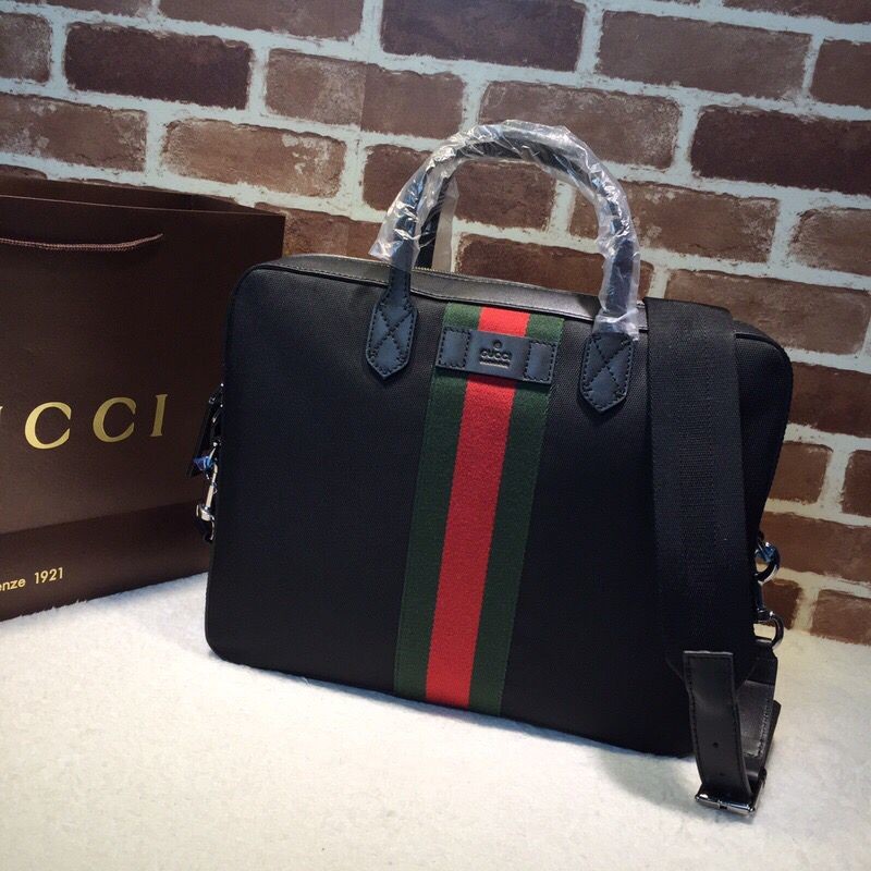 Gucci Red and green stripes black canvas men s briefcase 387102
