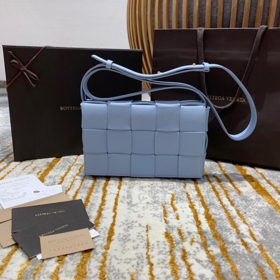 Bottega Veneta Cassette woven square box messenger bag 578004 ice blue