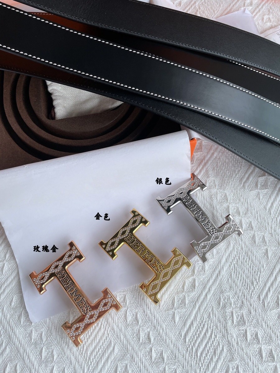 Hermes Men s 3.8cm cowhide belt with stainless steel h inlaid with full diamond metal buckle