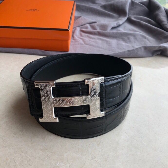 Hermes Stainless steel H pattern metal buckle & cowhide embossed crocodile pattern 38mm