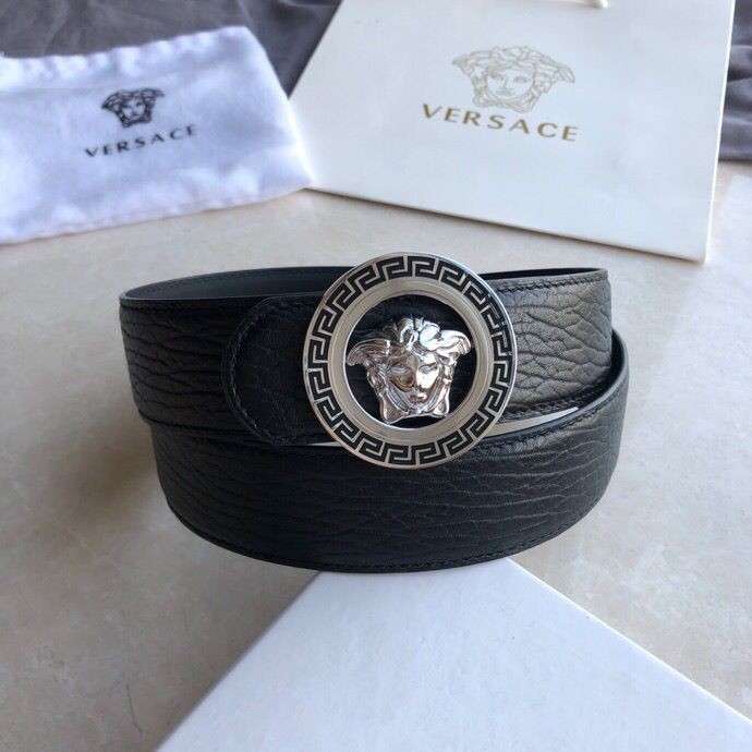 Versace Stainless Steel Medusa Hollow Metal Hanging Buckle 3.8cm Men s Black Cowhide Belt