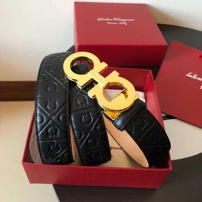 Ferragamo Men s 3.5cm exquisite metal three-layer buckle cowhide embossed bottom belt