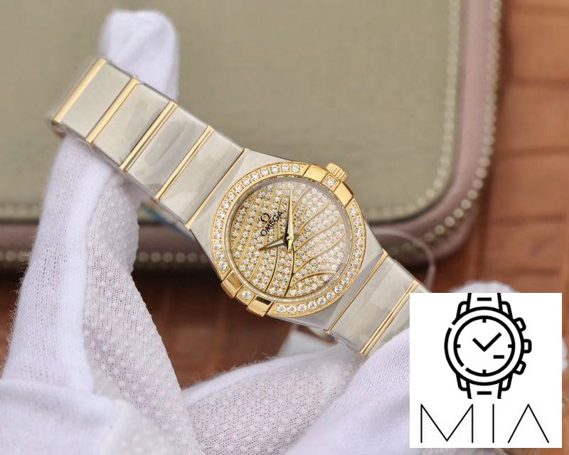 Omega Constellation Ladies 27MM TW Factory Yellow Gold Textured Diamond Dial