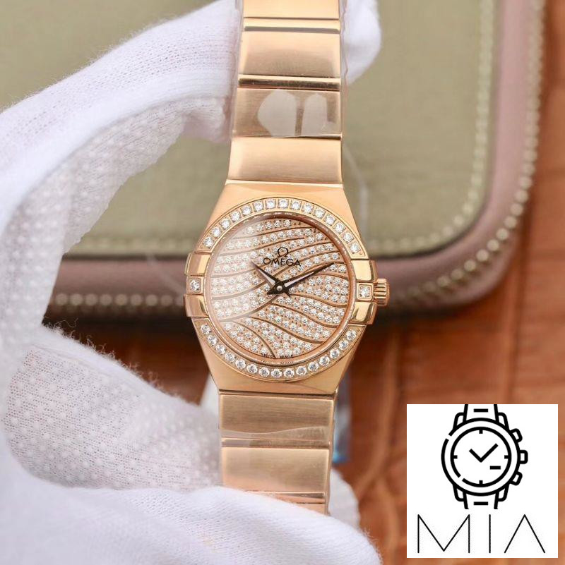 Omega Constellation Ladies 27mm TW Factory 18K Rose Gold Textured Diamond Dial